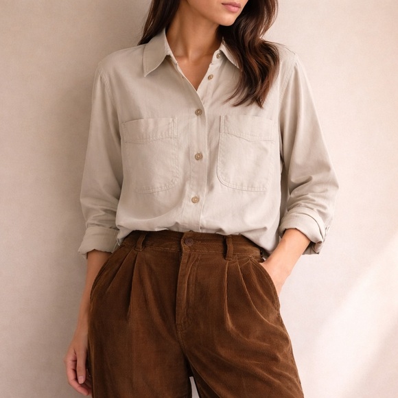 Vintage Tops - Vintage Silk Button Down Blouse Taupe Cream Minimalist Luxury Size 2X Large